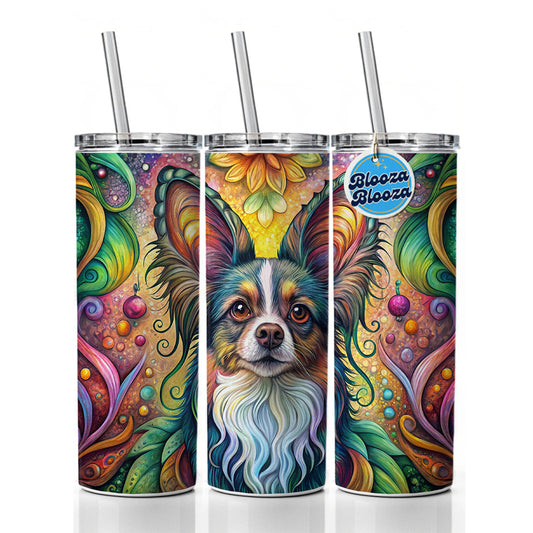 Papillion Dog Bohemian Art Skinny Tumbler 20oz with Straw Insulated Water Bottle Gift