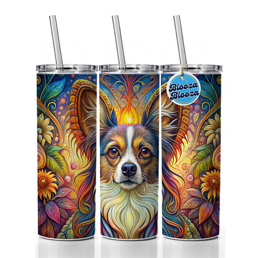 Papillion Dog French Bohemian Art Skinny Tumbler 20oz with Straw Insulated Water Bottle Gift