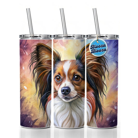 Papillion Dog Illustration Skinny Tumbler 20oz with Straw Insulated Water Bottle Gift