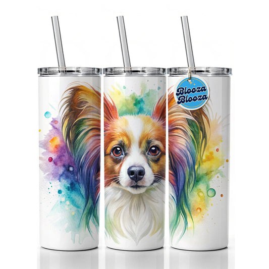 Papillion Dog Watercolor Style Skinny Tumbler 20oz with Straw Insulated Water Bottle Gift