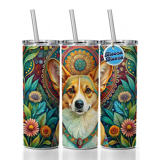 Pembroke Welsh Corgi Dog Bohemian Art Skinny Tumbler 20oz with Straw Insulated Water Bottle Gift