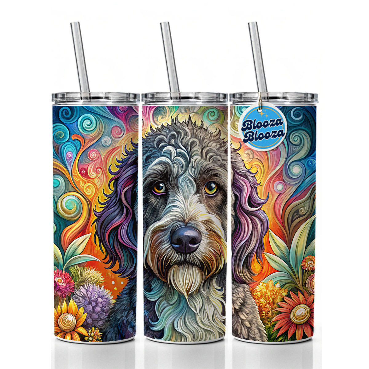 Portuguese Water Dog Bohemian Art Skinny Tumbler 20oz with Straw Insulated Water Bottle Gift