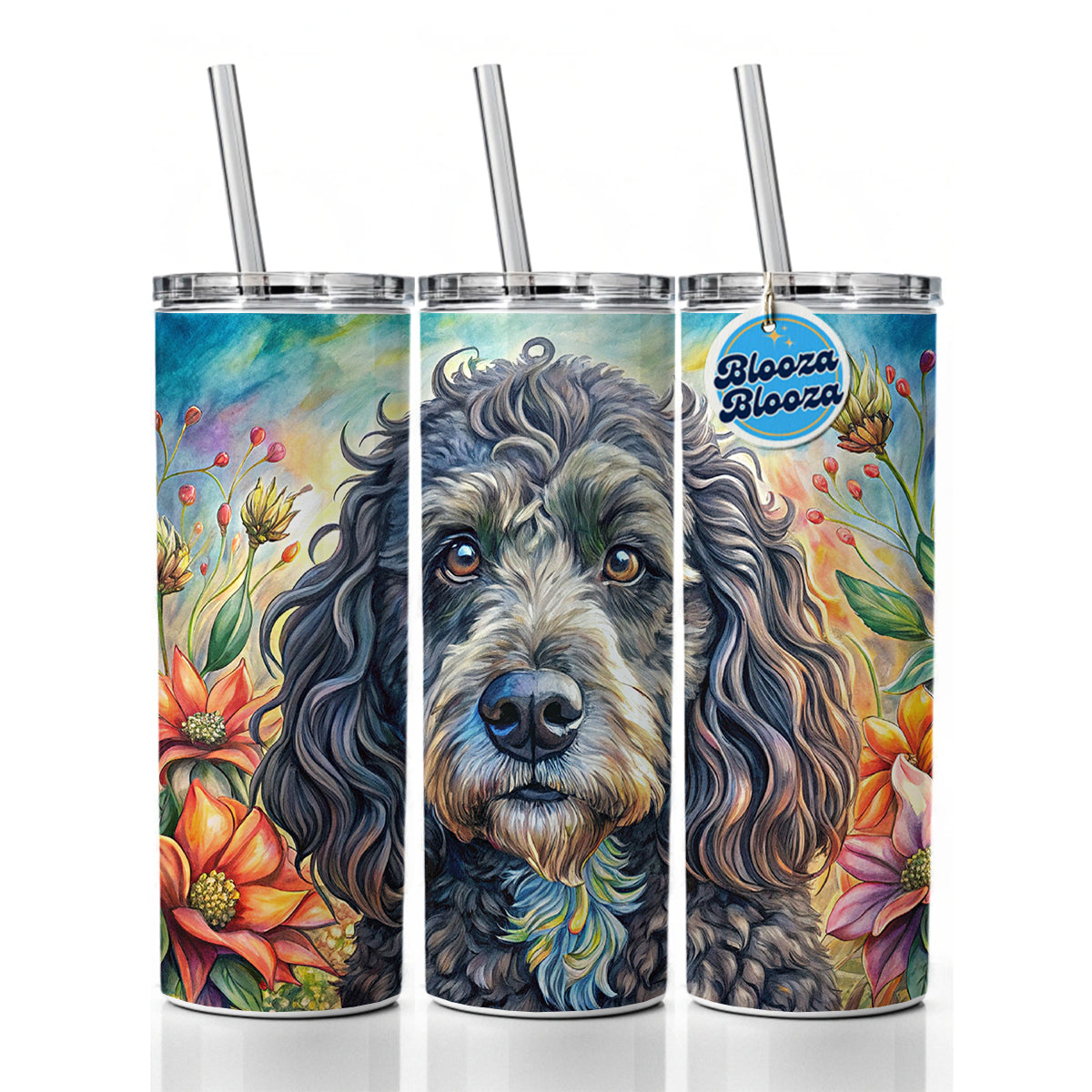 Portuguese Water Dog French Bohemian Art Skinny Tumbler 20oz with Straw Insulated Water Bottle Gift