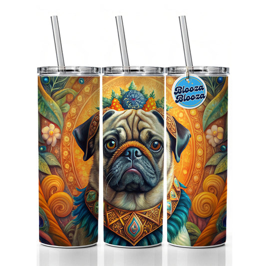 Pug Dog Bohemian Art Skinny Tumbler 20oz with Straw Insulated Water Bottle Gift