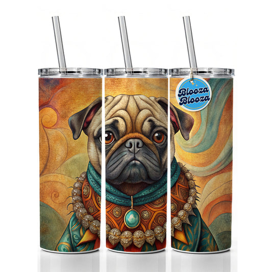 Pug Dog French Bohemian Art Skinny Tumbler 20oz with Straw Insulated Water Bottle Gift
