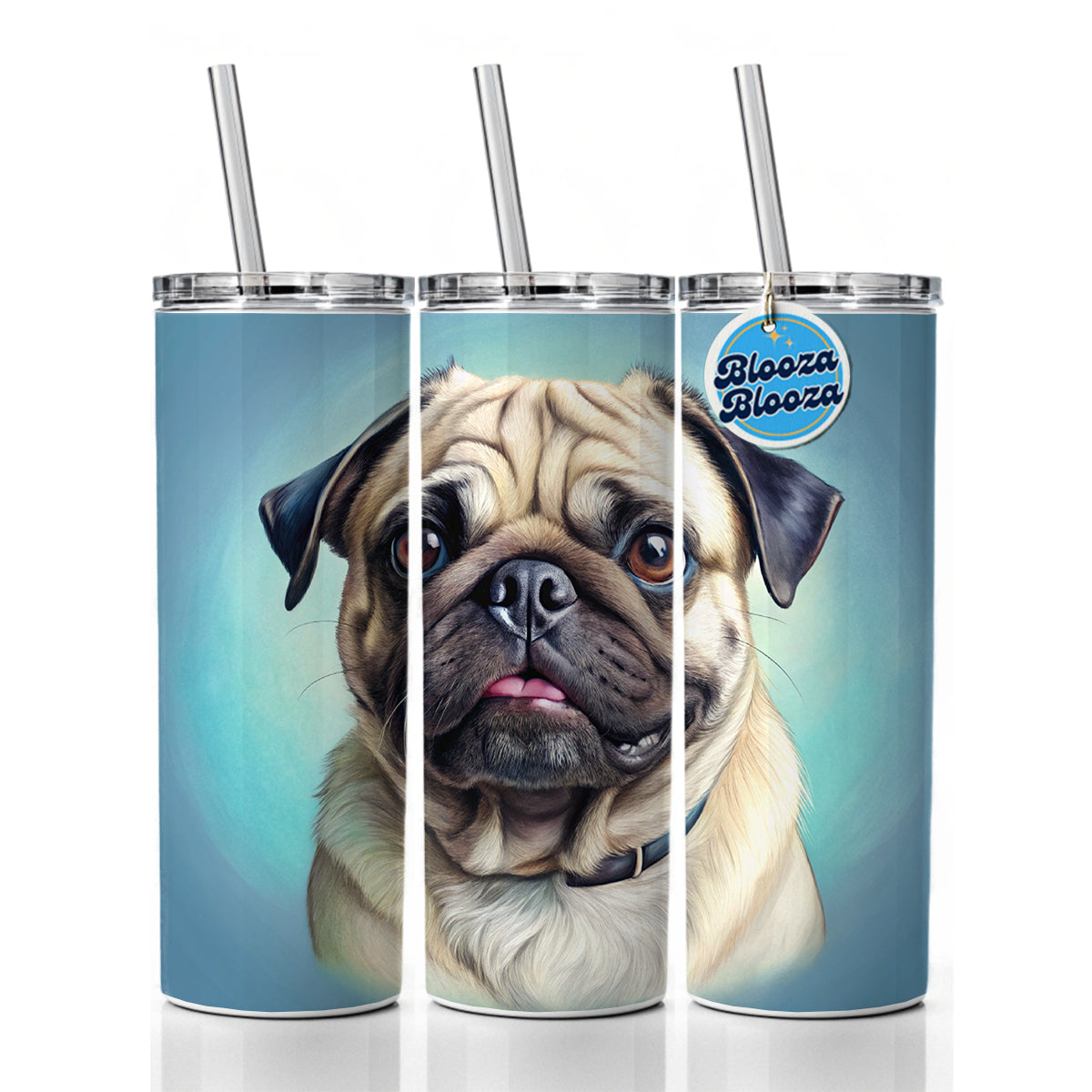 Pug Dog Illustration Skinny Tumbler 20oz with Straw Insulated Water Bottle Gift