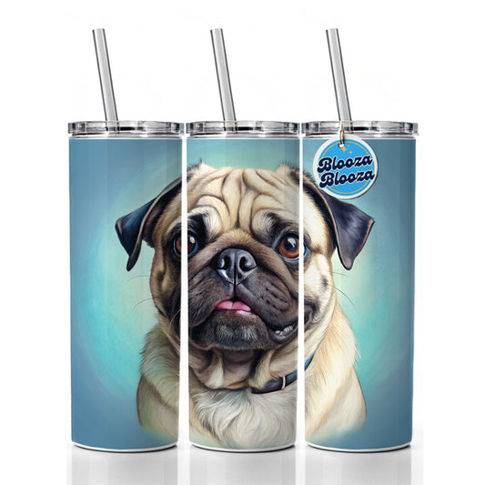 Pug Dog Illustration Skinny Tumbler 20oz with Straw Insulated Water Bottle Gift