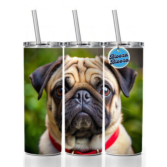 Pug Dog Photo Skinny Tumbler 20oz with Straw Insulated Water Bottle Gift
