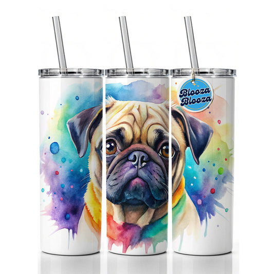Pug Dog Watercolor Style Skinny Tumbler 20oz with Straw Insulated Water Bottle Gift