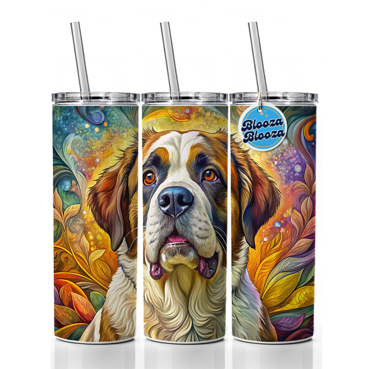 Saint Bernard Dog Bohemian Art Skinny Tumbler 20oz with Straw Insulated Water Bottle Gift