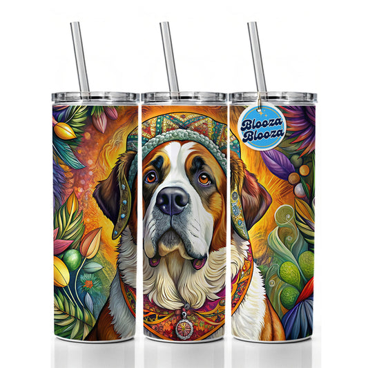 Saint Bernard Dog French Bohemian Art Skinny Tumbler 20oz with Straw Insulated Water Bottle Gift