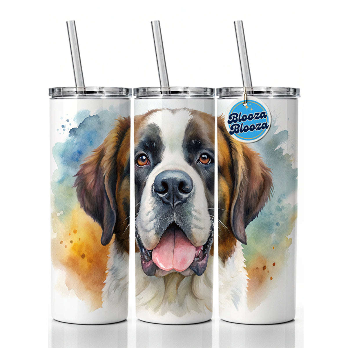 Saint Bernard Dog Watercolor Style Skinny Tumbler 20oz with Straw Insulated Water Bottle Gift