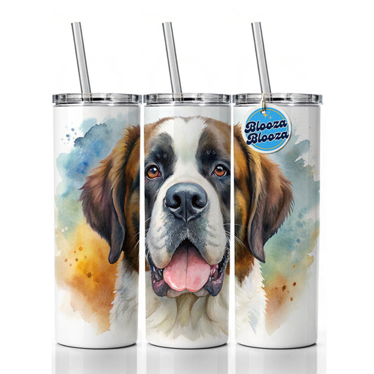 Saint Bernard Dog Watercolor Style Skinny Tumbler 20oz with Straw Insulated Water Bottle Gift