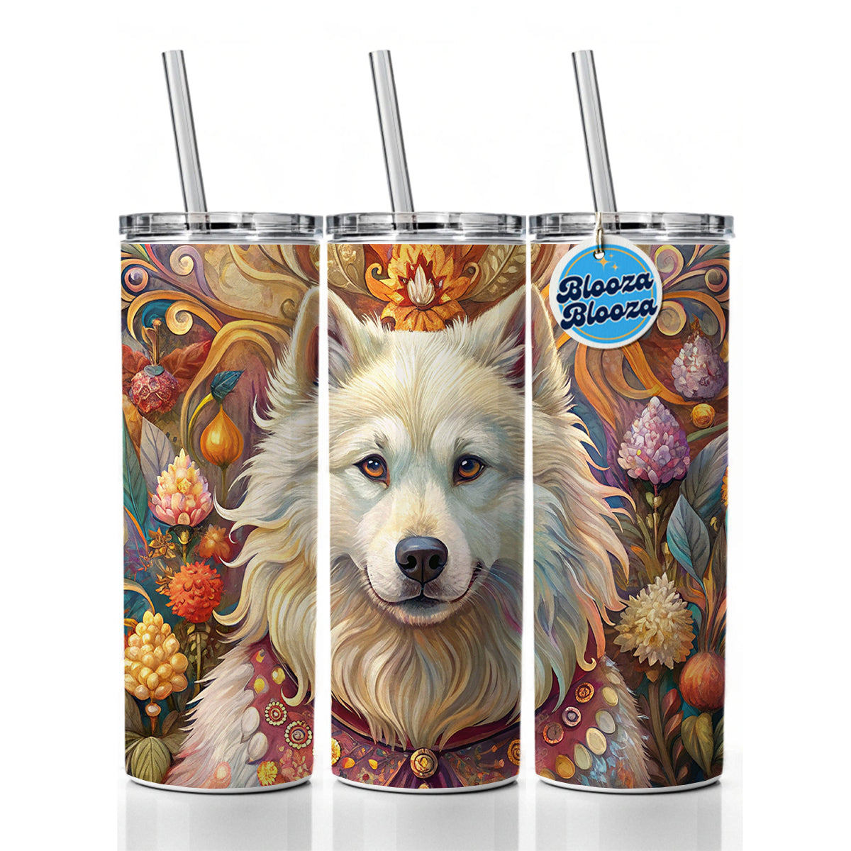 Samoyed Dog French Bohemian Art Skinny Tumbler 20oz with Straw Insulated Water Bottle Gift