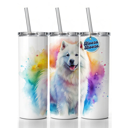 Samoyed Dog Watercolor Style Skinny Tumbler 20oz with Straw Insulated Water Bottle Gift