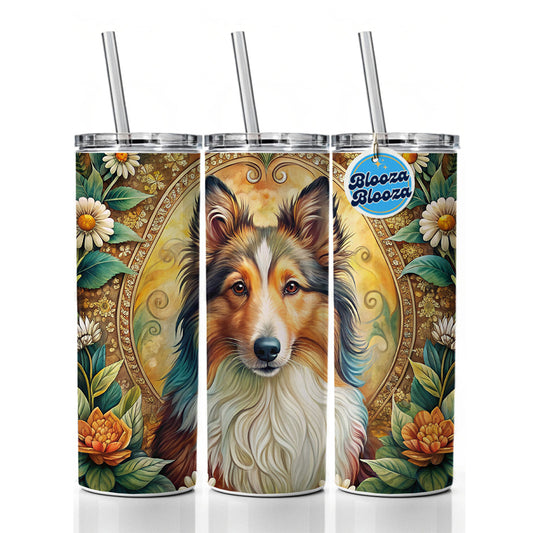Shetland Sheepdog Sheltie Dog Bohemian Art Skinny Tumbler 20oz with Straw Insulated Water Bottle Gift