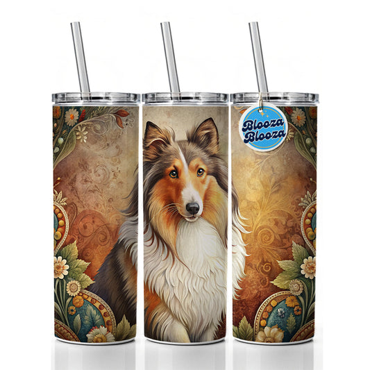 Shetland Sheepdog Sheltie Dog French Bohemian Art Skinny Tumbler 20oz with Straw Insulated Water Bottle Gift