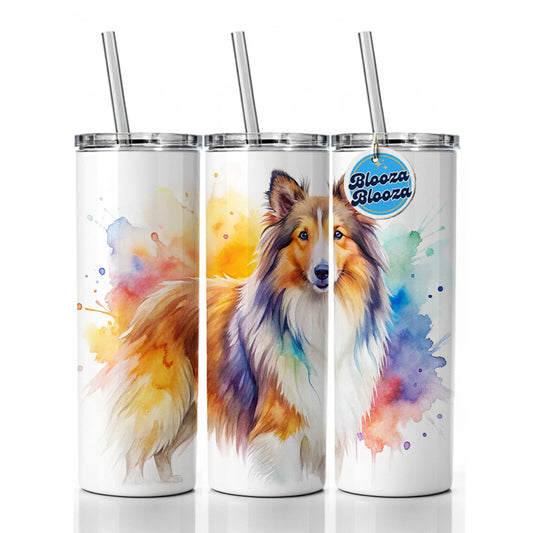 Shetland Sheepdog Sheltie Dog Watercolor Style Skinny Tumbler 20oz with Straw Insulated Water Bottle Gift