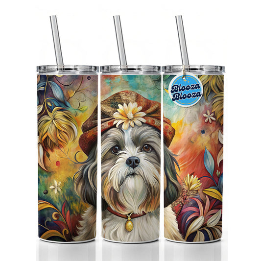 Shih Tzu Dog French Bohemian Art Skinny Tumbler 20oz with Straw Insulated Water Bottle Gift