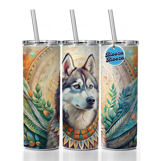 Siberian Husky Dog French Bohemian Art Skinny Tumbler 20oz with Straw Insulated Water Bottle Gift
