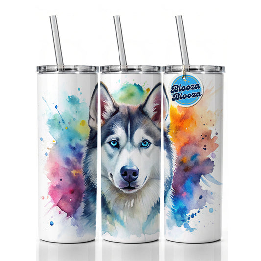 Siberian Husky Dog Watercolor Style Skinny Tumbler 20oz with Straw Insulated Water Bottle Gift