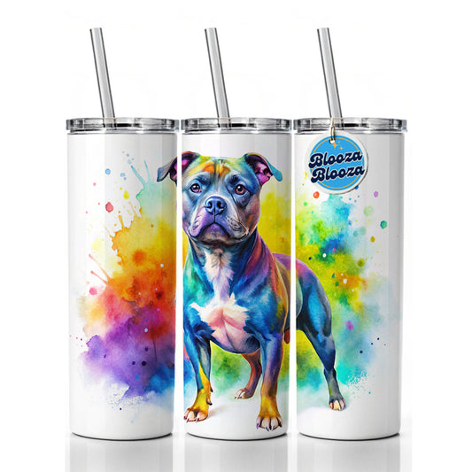 Staffordshire Bull Terrier Staffy Dog Watercolor Style Skinny Tumbler 20oz with Straw Insulated Water Bottle Gift