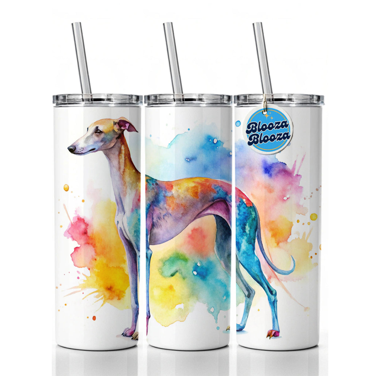 Whippet Dog Watercolor Style Skinny Tumbler 20oz with Straw Insulated Water Bottle Gift