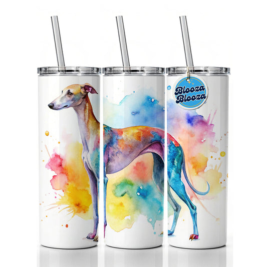 Whippet Dog Watercolor Style Skinny Tumbler 20oz with Straw Insulated Water Bottle Gift