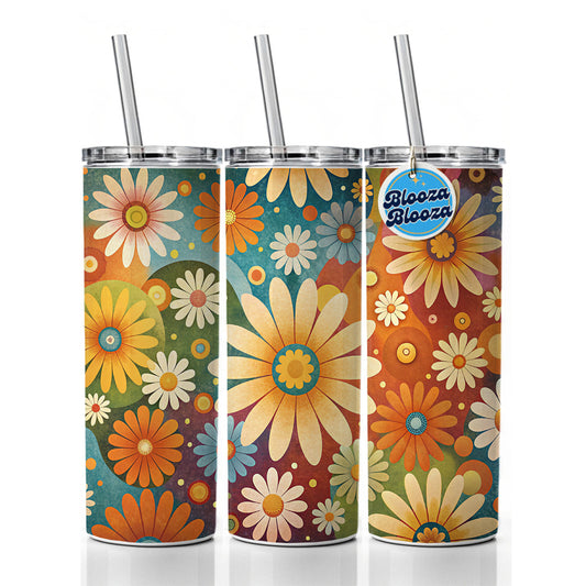 70's Retro Groovy Hippie Daisies Floral Design Skinny Tumbler 20oz with Straw Insulated Water Bottle Gift