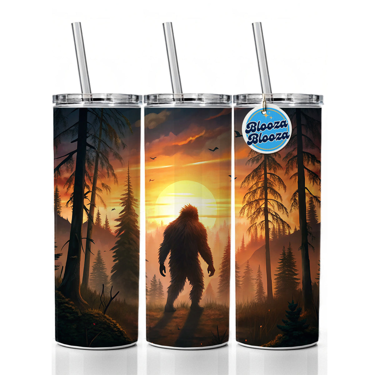 Bigfoot Walking In The Woods At Sunset Skinny Tumbler 20oz with Straw Insulated Water Bottle Gift