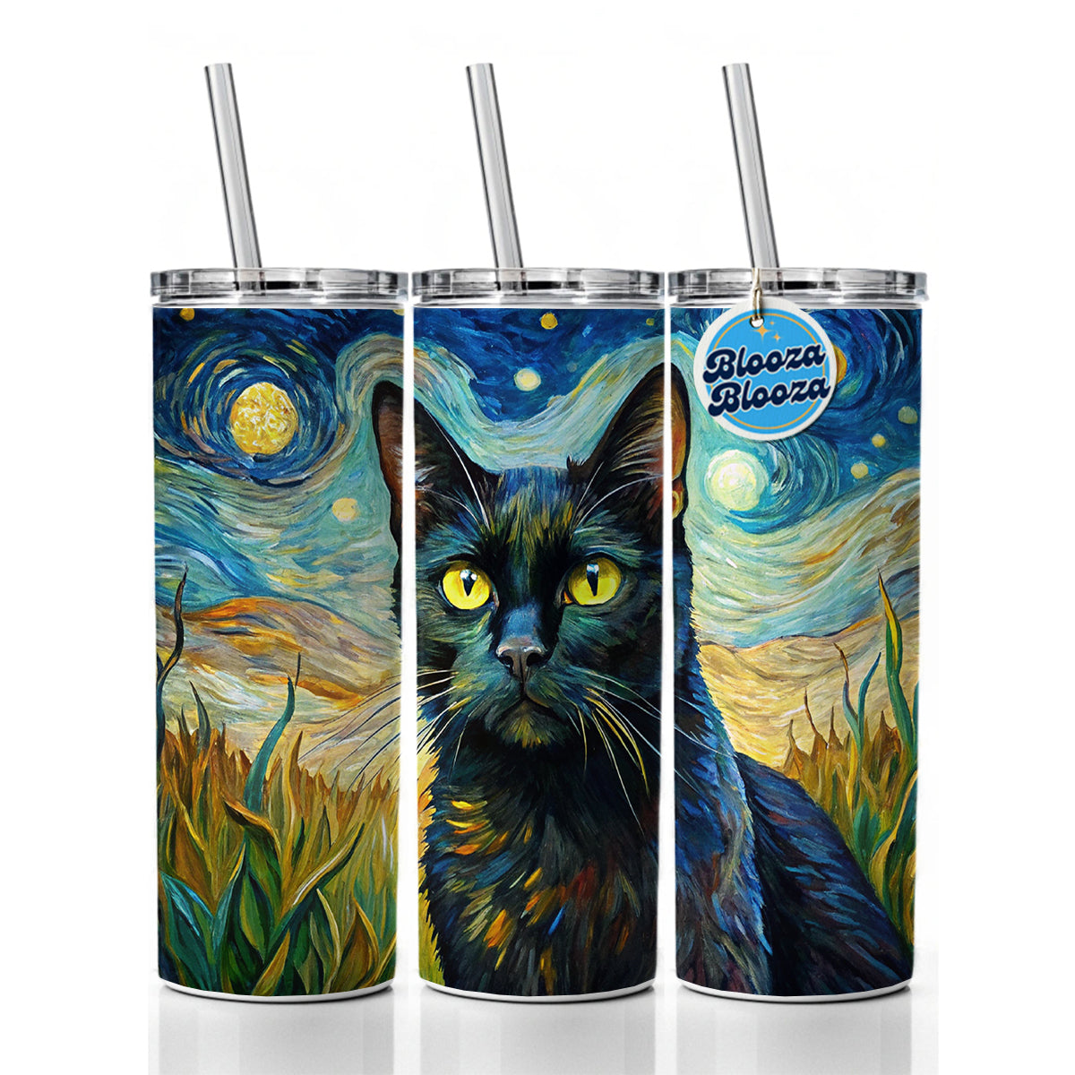 Black Cat Van Gogh Style Painting Skinny Tumbler 20oz with Straw Insulated Water Bottle Gift