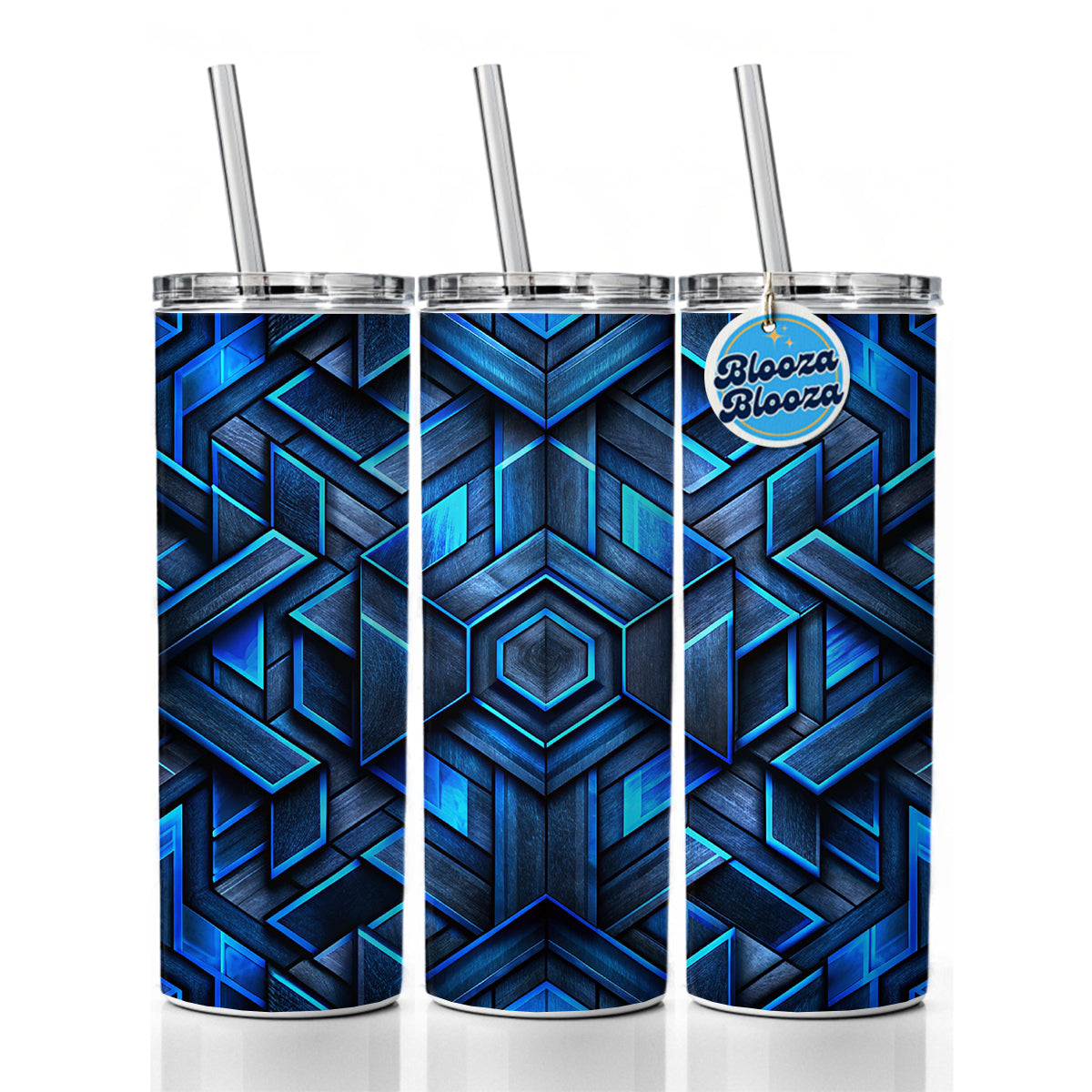 Chunky Angular Black And Blue Design Pattern Skinny Tumbler 20oz with Straw Insulated Water Bottle Gift