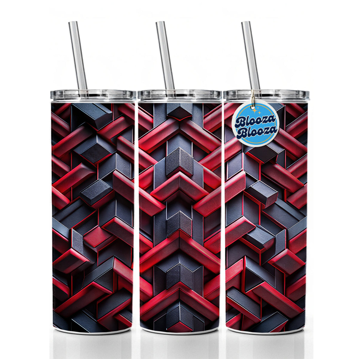Chunky Angular Black And Red Design Pattern Skinny Tumbler 20oz with Straw Insulated Water Bottle Gift