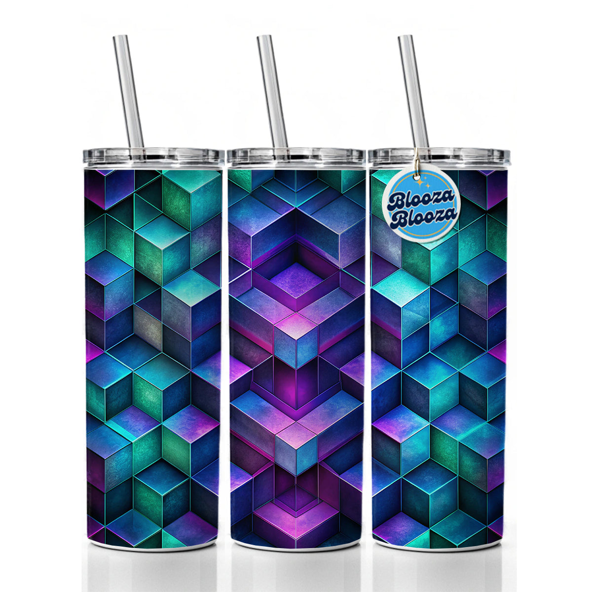 Chunky Angular Blue Purple Green Design Pattern Skinny Tumbler 20oz with Straw Insulated Water Bottle Gift