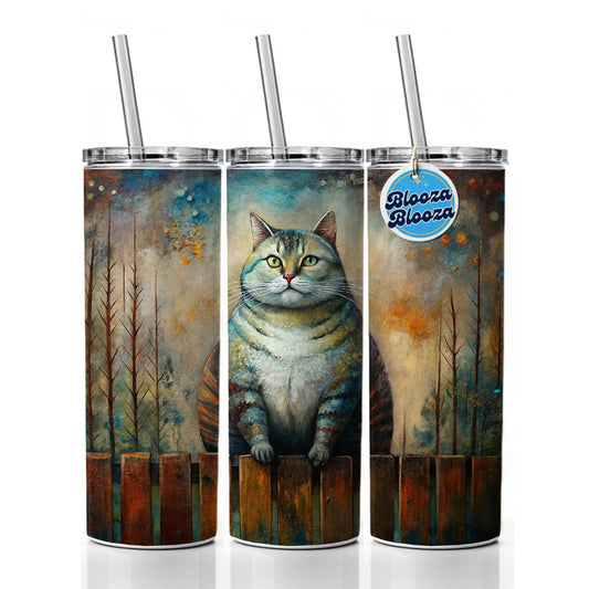 Fat Chunky Alley Cat Sitting On Fence Abstract Art Skinny Tumbler 20oz with Straw Insulated Water Bottle Gift