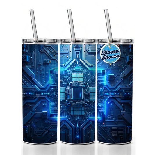 Intricate Blue Circuit Board Skinny Tumbler 20oz with Straw Insulated Water Bottle Gift