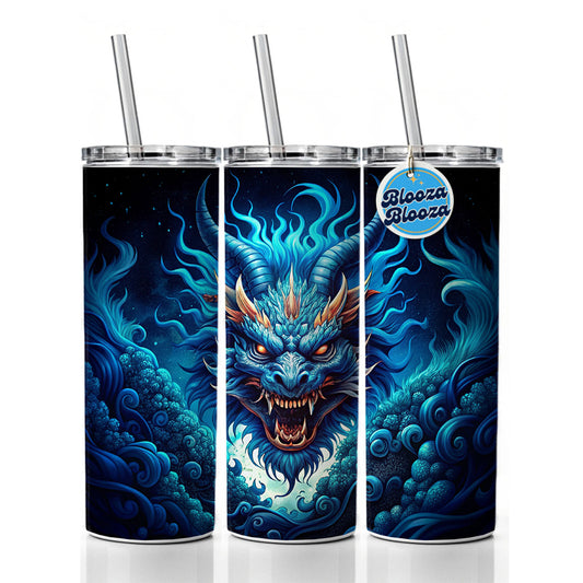Japanese Asian Blue Spirit Dragon Art Skinny Tumbler 20oz with Straw Insulated Water Bottle Gift