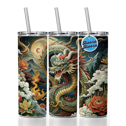 Japanese Asian Dragon Serpent Spirit Art Skinny Tumbler 20oz with Straw Insulated Water Bottle Gift