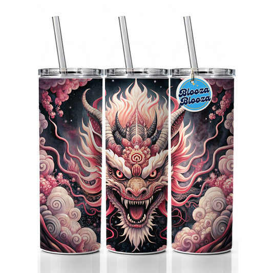 Japanese Asian Pink Spirit Dragon Art Skinny Tumbler 20oz with Straw Insulated Water Bottle Gift