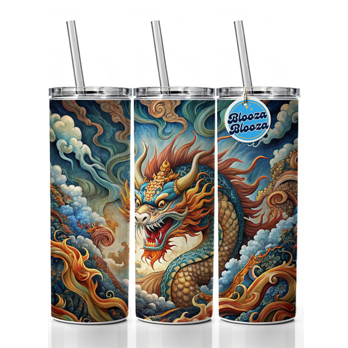Japanese Asian Spirit Dragon Art Skinny Tumbler 20oz with Straw Insulated Water Bottle Gift