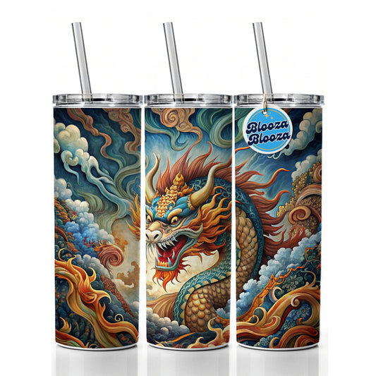 Japanese Asian Spirit Dragon Art Skinny Tumbler 20oz with Straw Insulated Water Bottle Gift