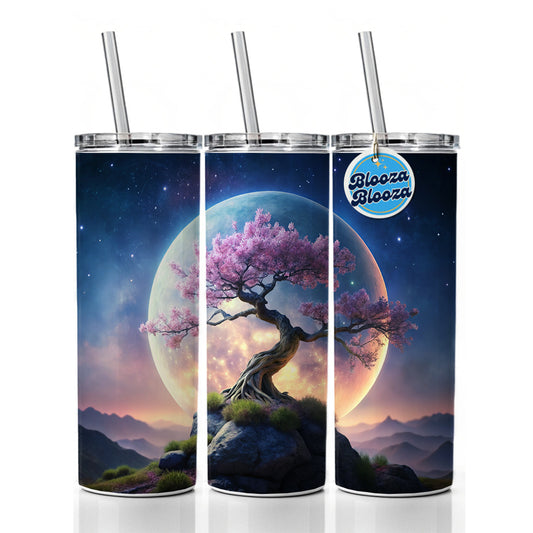 Japanese Bonsai Tree With Pink Flowers On Hill Under Large Moon Skinny Tumbler 20oz with Straw Insulated Water Bottle Gift