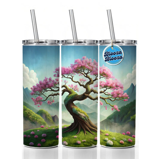 Japanese Bonsai Tree With Pink Flowers On Hillside Skinny Tumbler 20oz with Straw Insulated Water Bottle Gift