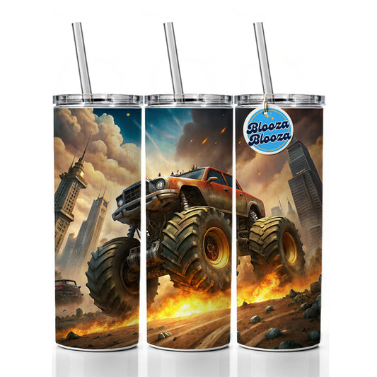 Monster Off-Road Truck Demolishing Cars Skinny Tumbler 20oz with Straw Insulated Water Bottle Gift