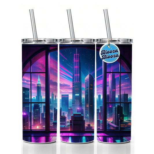Neon Cityscape As Seen Through Skyscraper Window Purple Blue Skinny Tumbler 20oz with Straw Insulated Water Bottle Gift