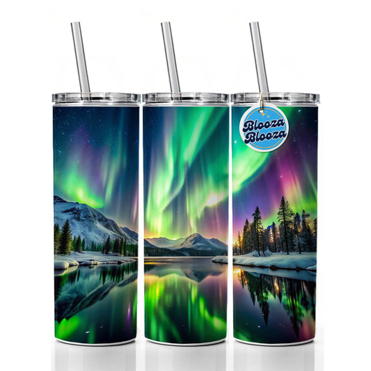 Northern Lights Over Lake Skinny Tumbler 20oz with Straw Insulated Water Bottle Gift