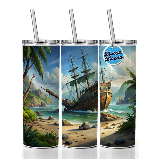 Pirate Sailing Ship Shipwreck Skinny Tumbler 20oz with Straw Insulated Water Bottle Gift