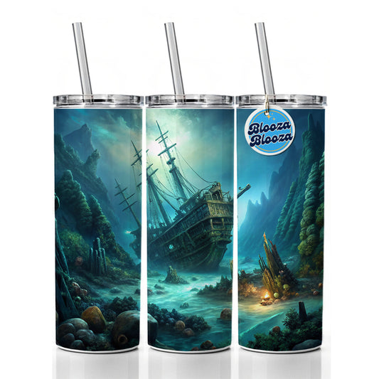 Pirate Ship Shipwreck Under The Ocean Skinny Tumbler 20oz with Straw Insulated Water Bottle Gift