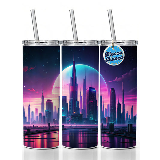 Purple Neon Sci-fi City Horizon Skinny Tumbler 20oz with Straw Insulated Water Bottle Gift