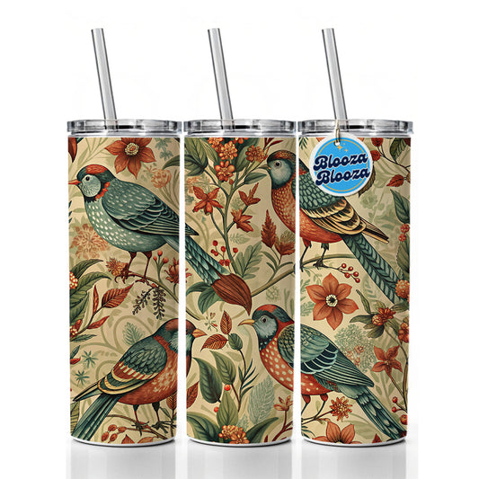 Retro Birds Floral Pattern Vintage Design Skinny Tumbler 20oz with Straw Insulated Water Bottle Gift